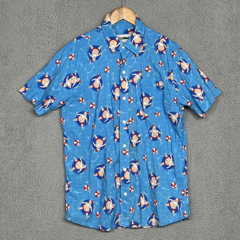 Tipsy Elves Shirt Mens M Blue Christmas Santa Pool Novelty Beach Button Up